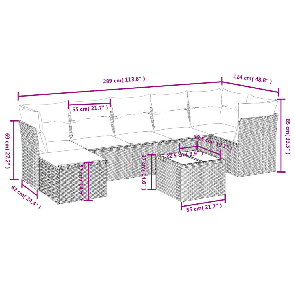 sofasæt til haven 8 dele med hynder polyrattan beige