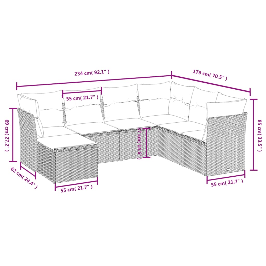 sofasæt til haven 7 dele med hynder polyrattan brun