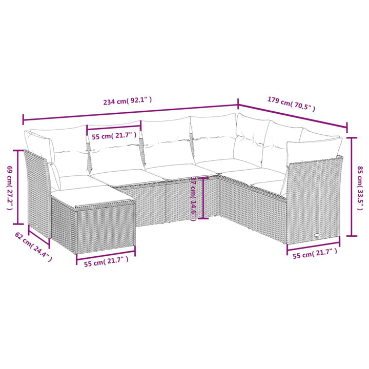 sofasæt til haven 7 dele med hynder polyrattan brun