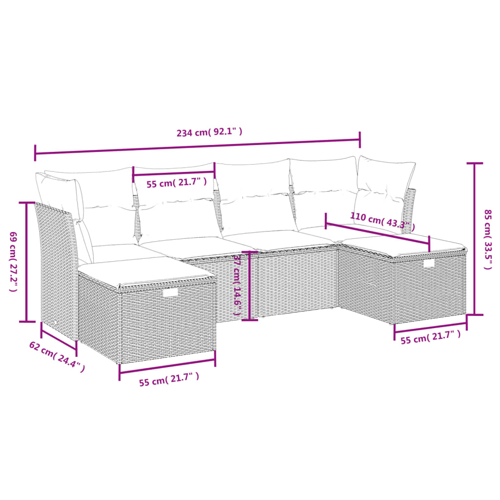 sofasæt til haven 6 dele med hynder polyrattan sort