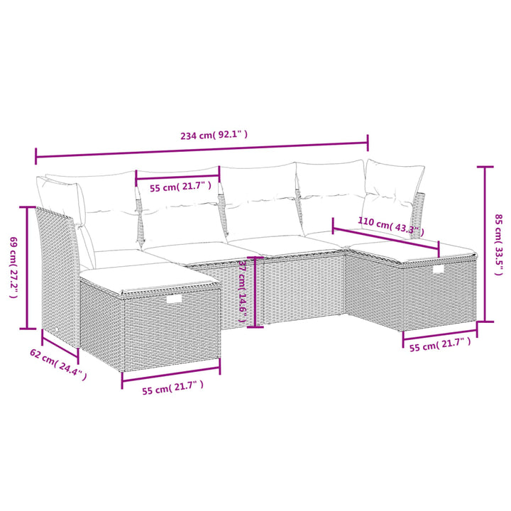 sofasæt til haven 6 dele med hynder polyrattan sort