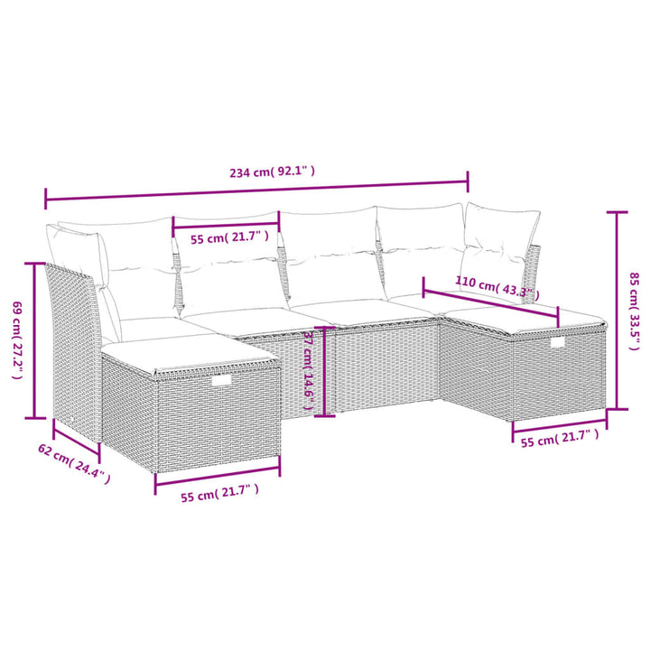 sofasæt til haven 6 dele med hynder polyrattan lysegrå