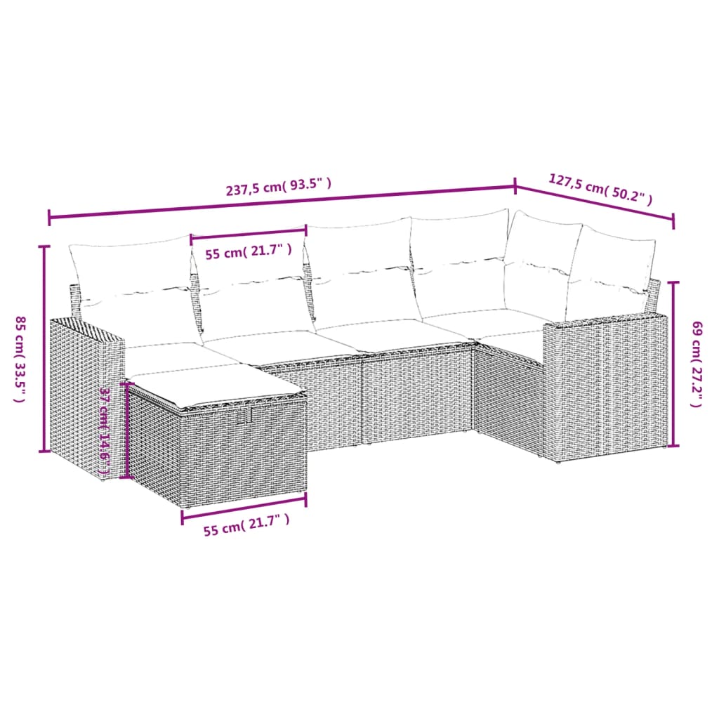 sofasæt til haven 6 dele med hynder polyrattan sort