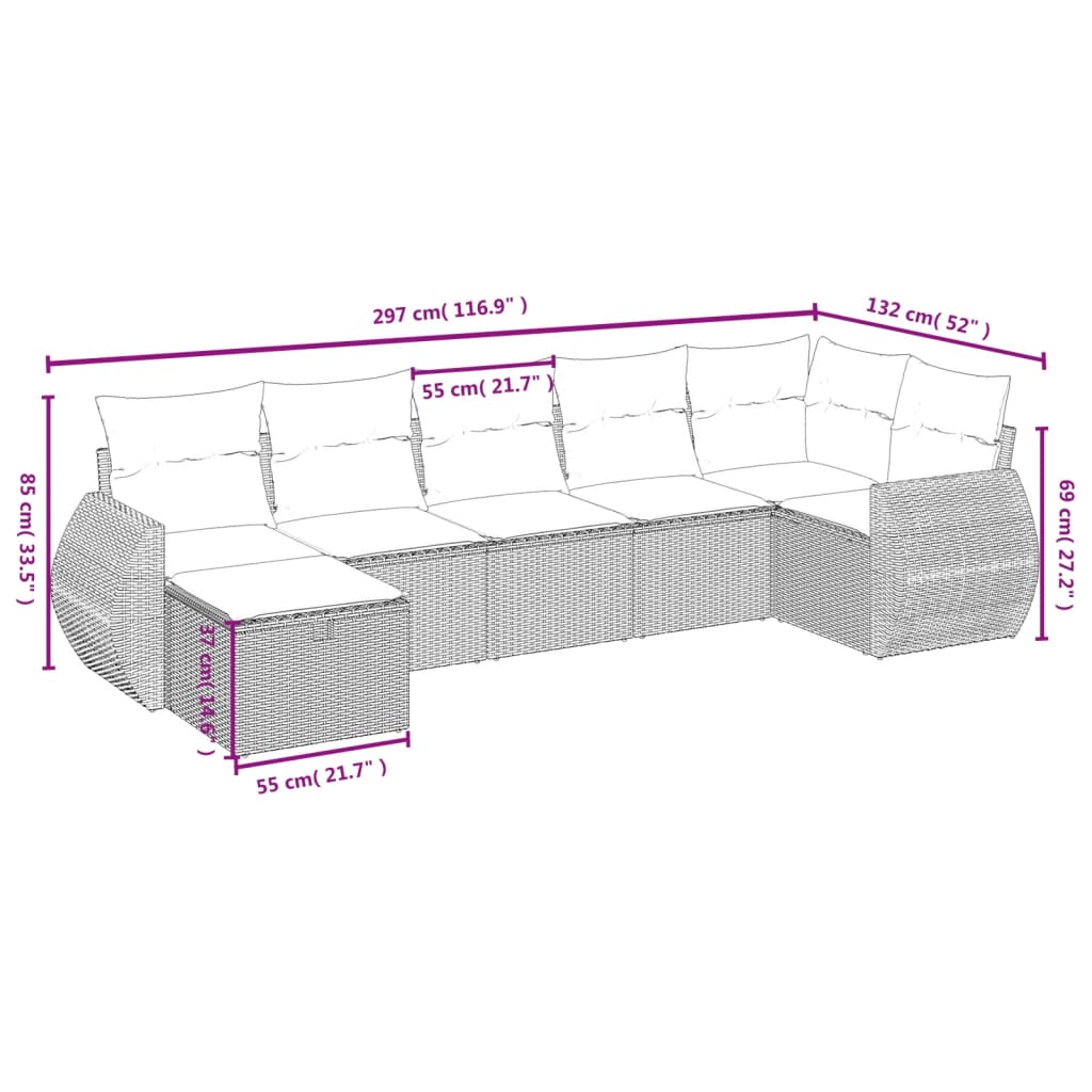 sofasæt til haven 7 dele med hynder polyrattan brun