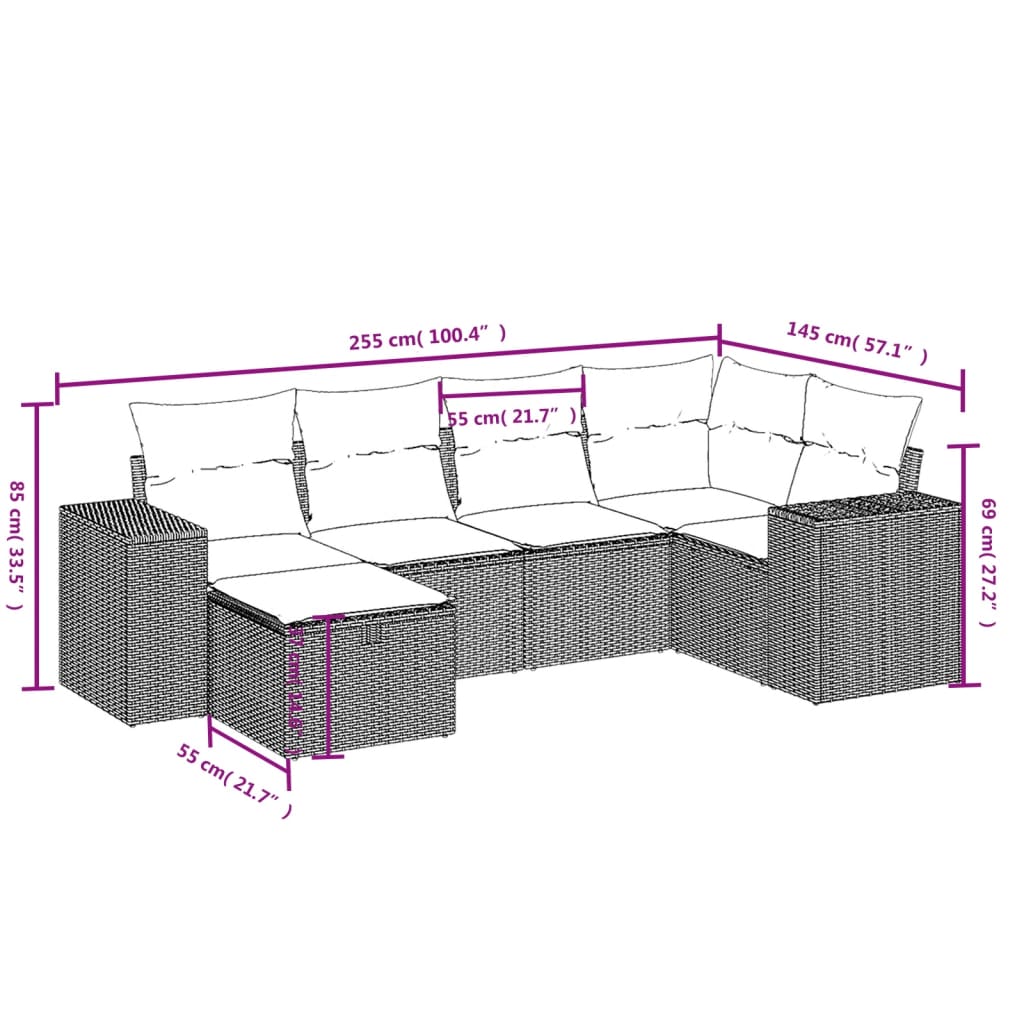 sofasæt til haven 6 dele med hynder polyrattan lysegrå