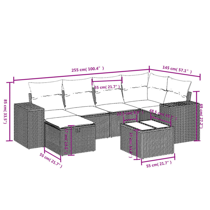 sofasæt til haven 7 dele med hynder polyrattan brun