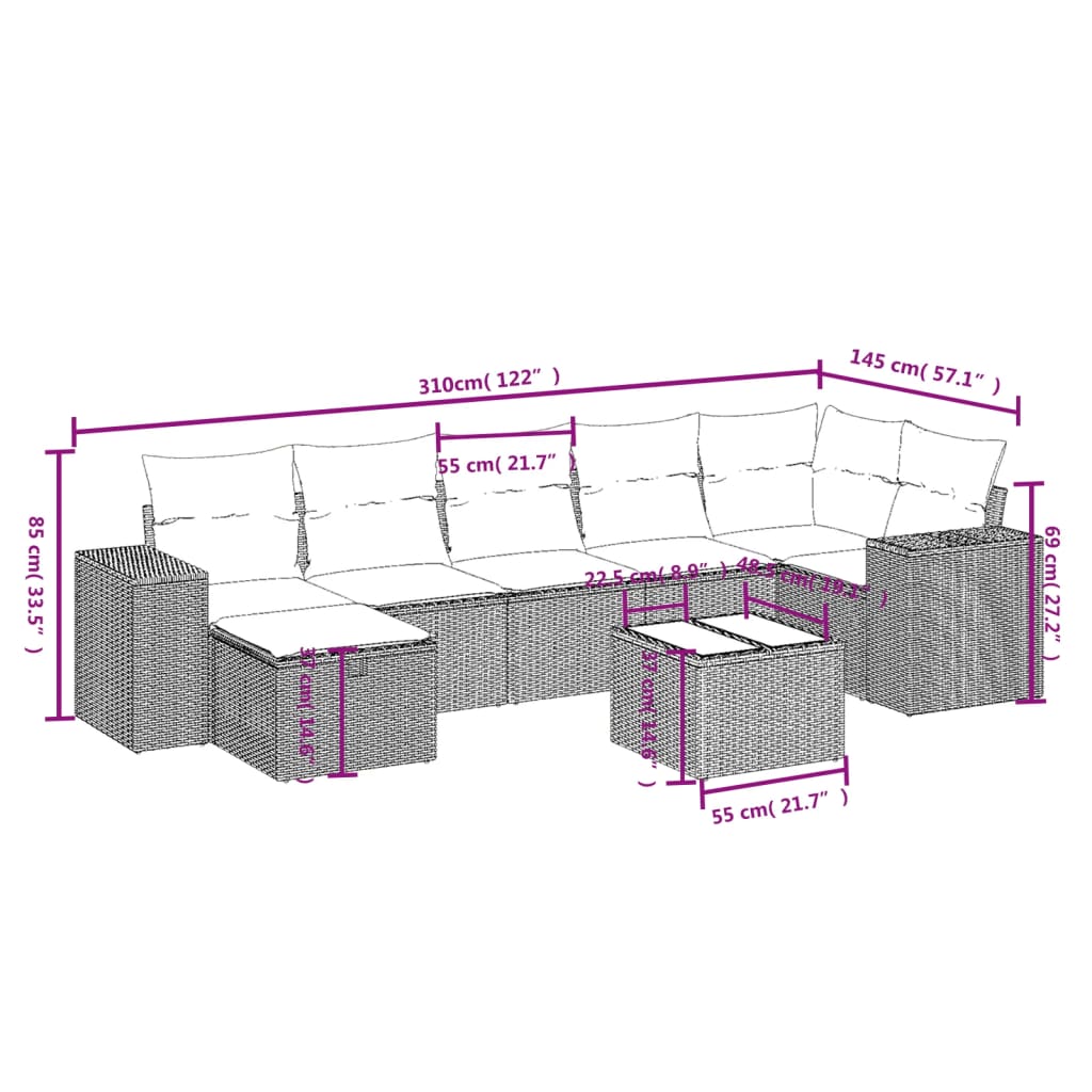 sofasæt til haven 8 dele med hynder polyrattan beige