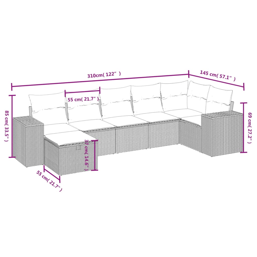 sofasæt til haven 7 dele med hynder polyrattan brun