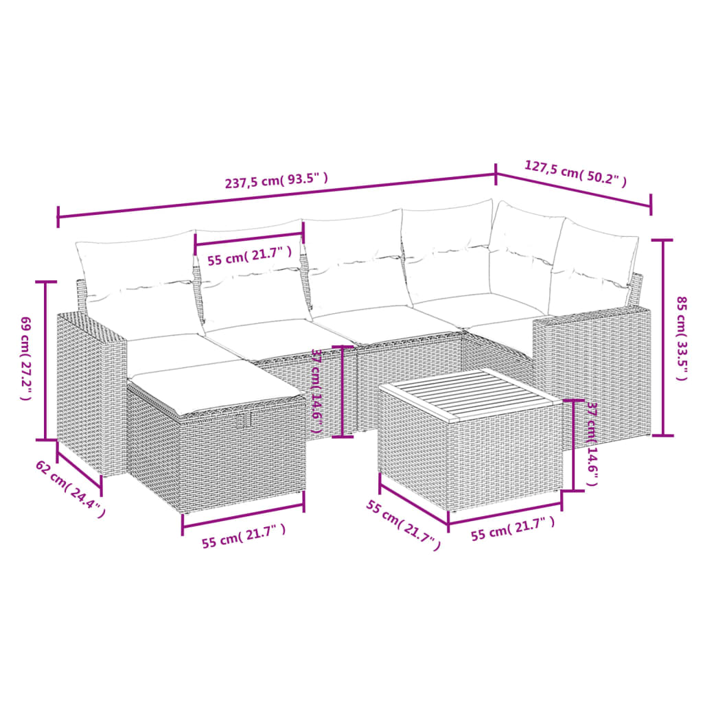 sofasæt til haven 7 dele med hynder polyrattan beige