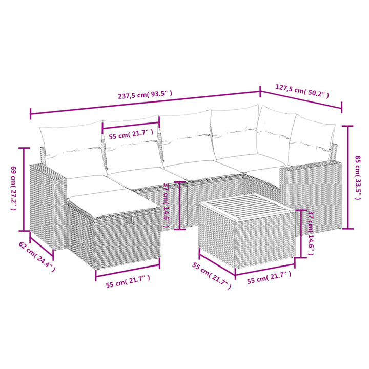 sofasæt til haven 7 dele med hynder polyrattan beige
