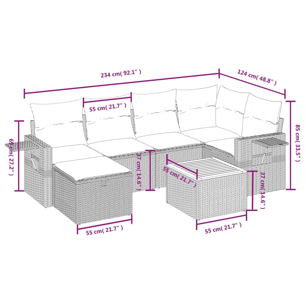 sofasæt til haven 7 dele med hynder polyrattan beige