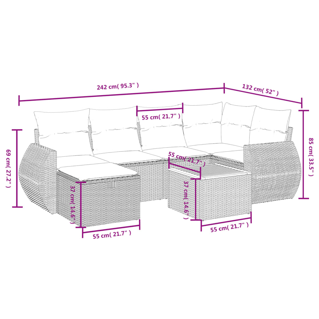 sofasæt til haven 7 dele med hynder polyrattan beige
