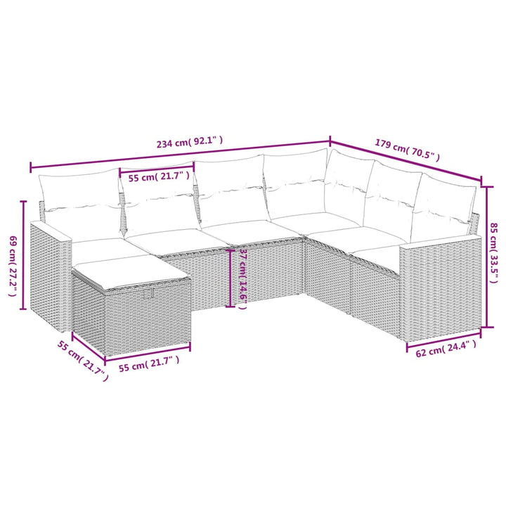 sofasæt til haven 7 dele med hynder polyrattan beige