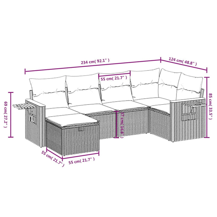 sofasæt til haven 6 dele med hynder polyrattan sort