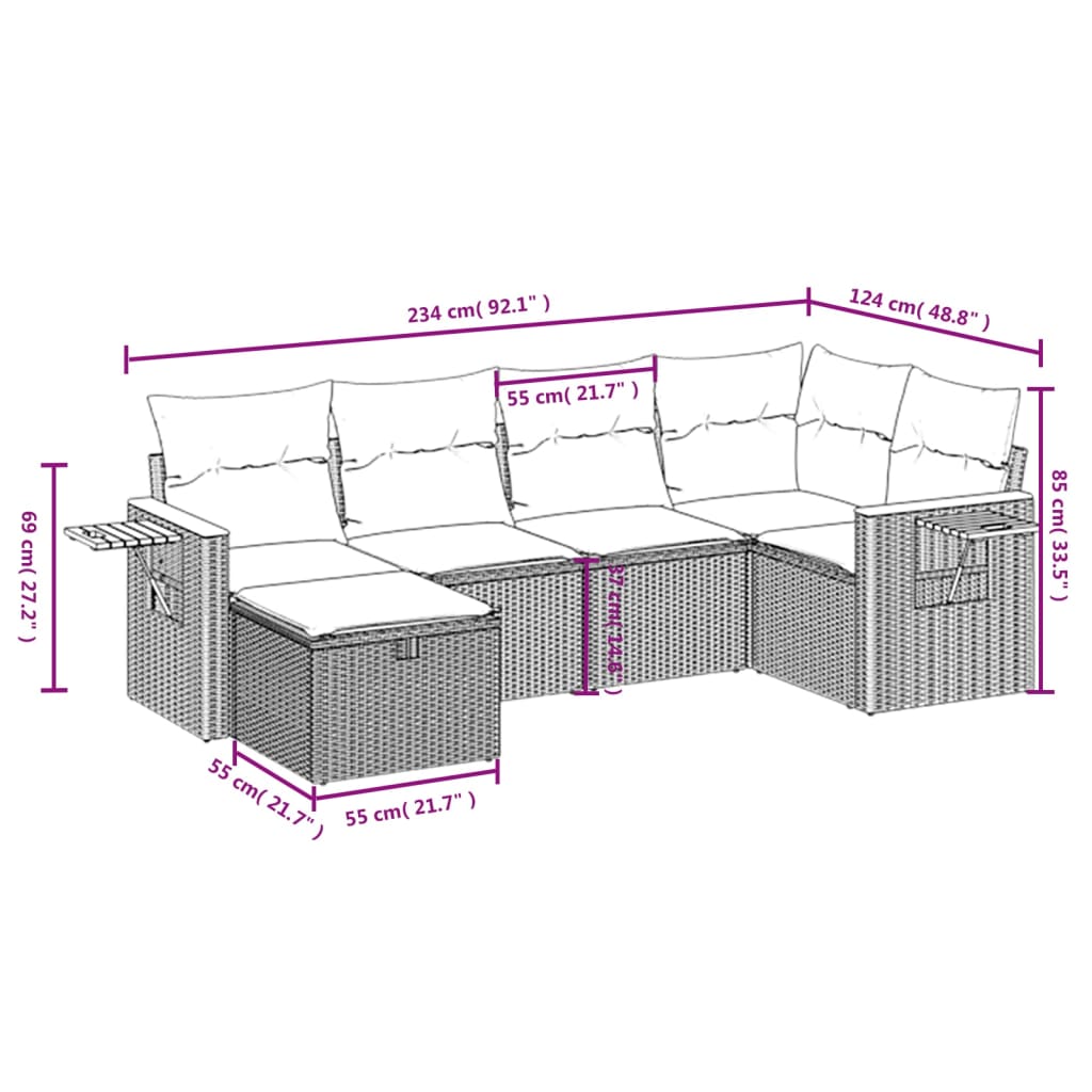 sofasæt til haven 6 dele med hynder polyrattan grå