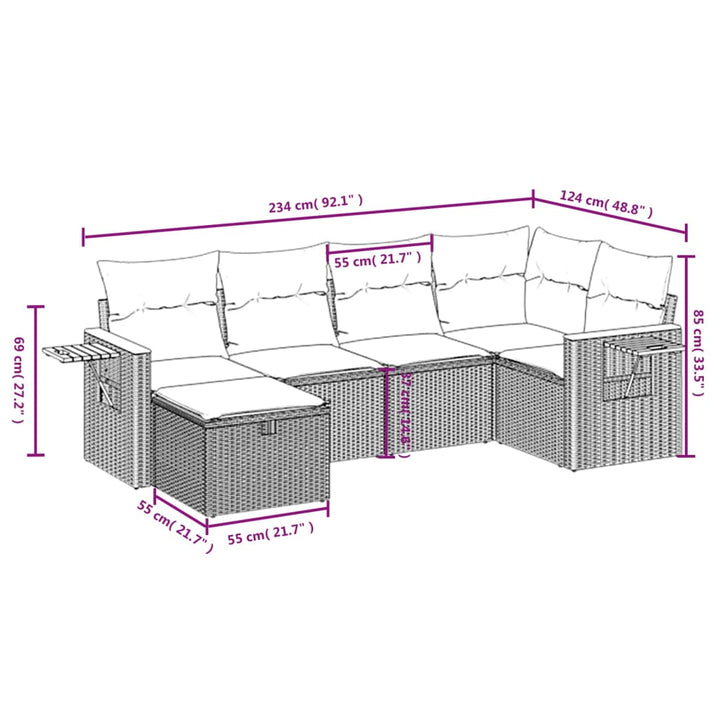 sofasæt til haven 6 dele med hynder polyrattan grå