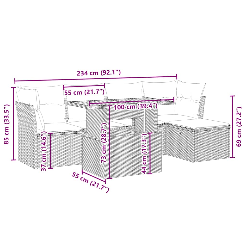 sofasæt til haven 6 dele med hynder polyrattan beige