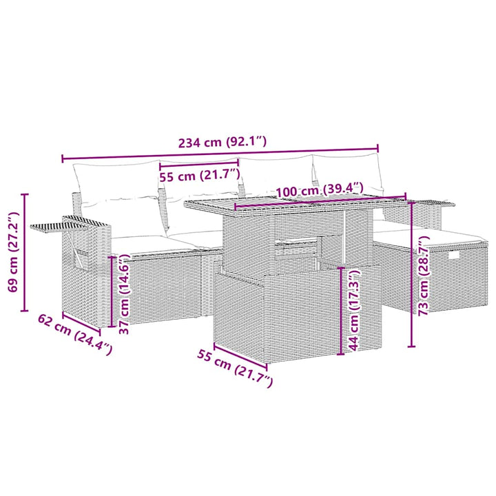 sofasæt til haven 6 dele med hynder polyrattan beige
