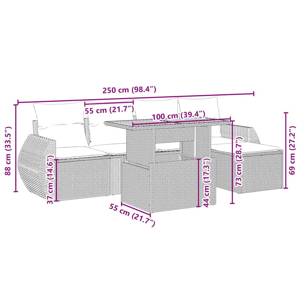 sofasæt til haven 6 dele med hynder polyrattan beige