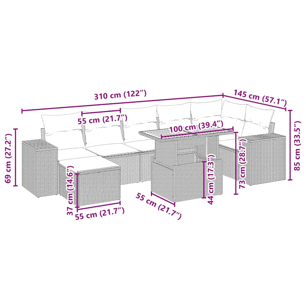sofasæt til haven 8 dele med hynder polyrattan beige