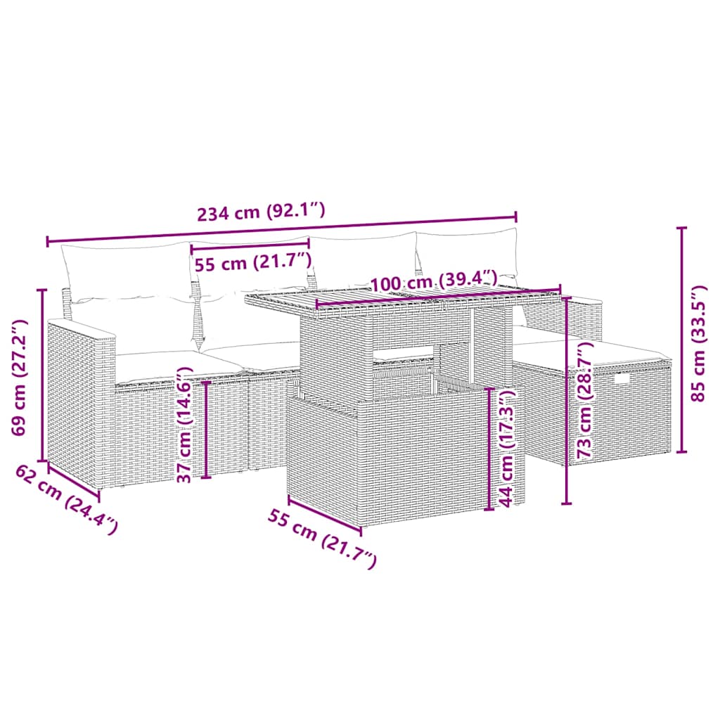 sofasæt til haven 6 dele med hynder polyrattan beige