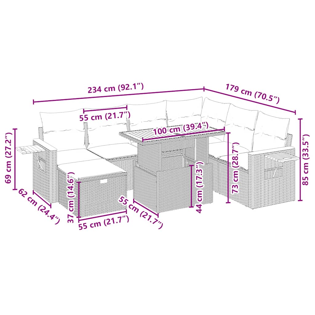 sofasæt til haven 8 dele med hynder polyrattan beige