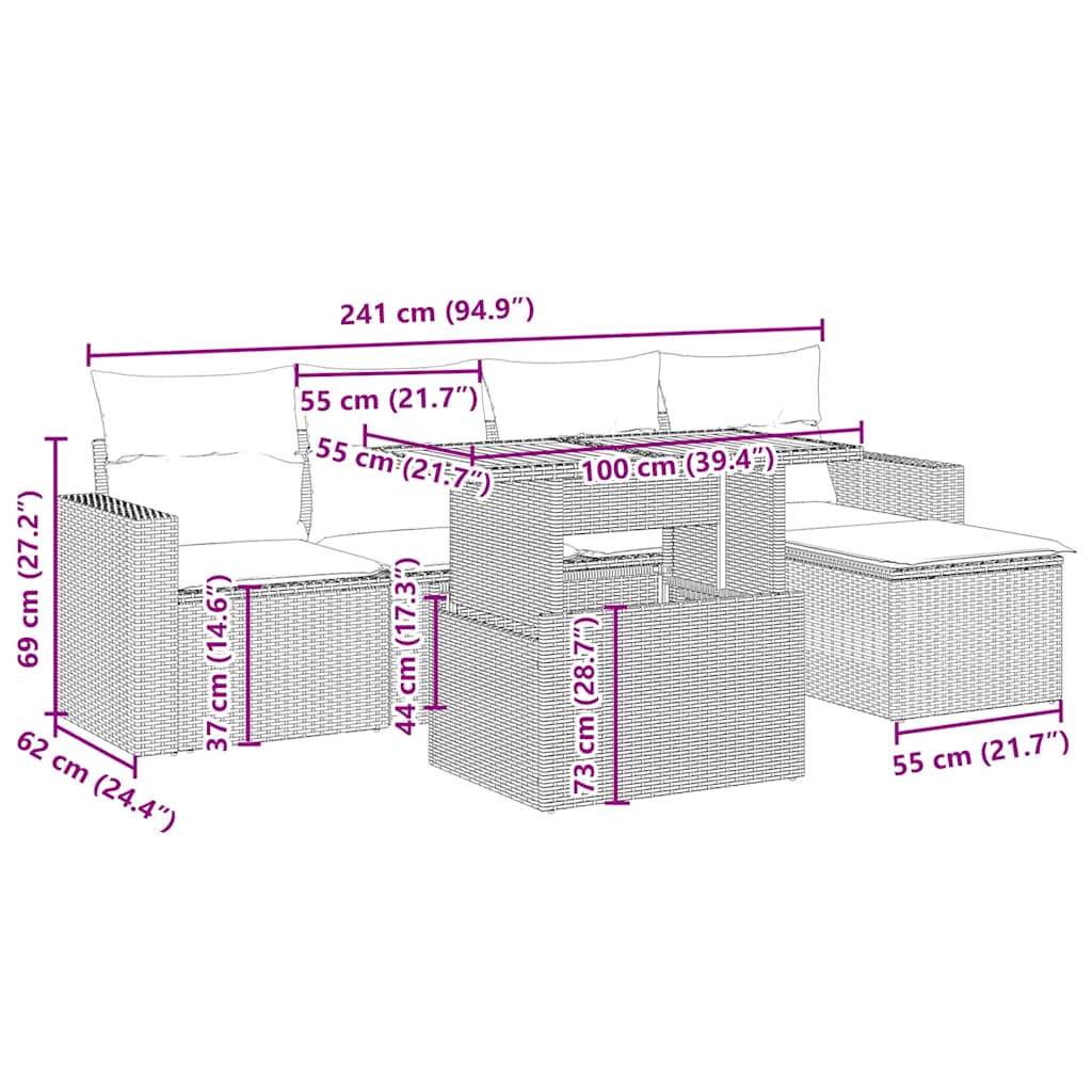 sofasæt til haven 6 dele med hynder polyrattan beige