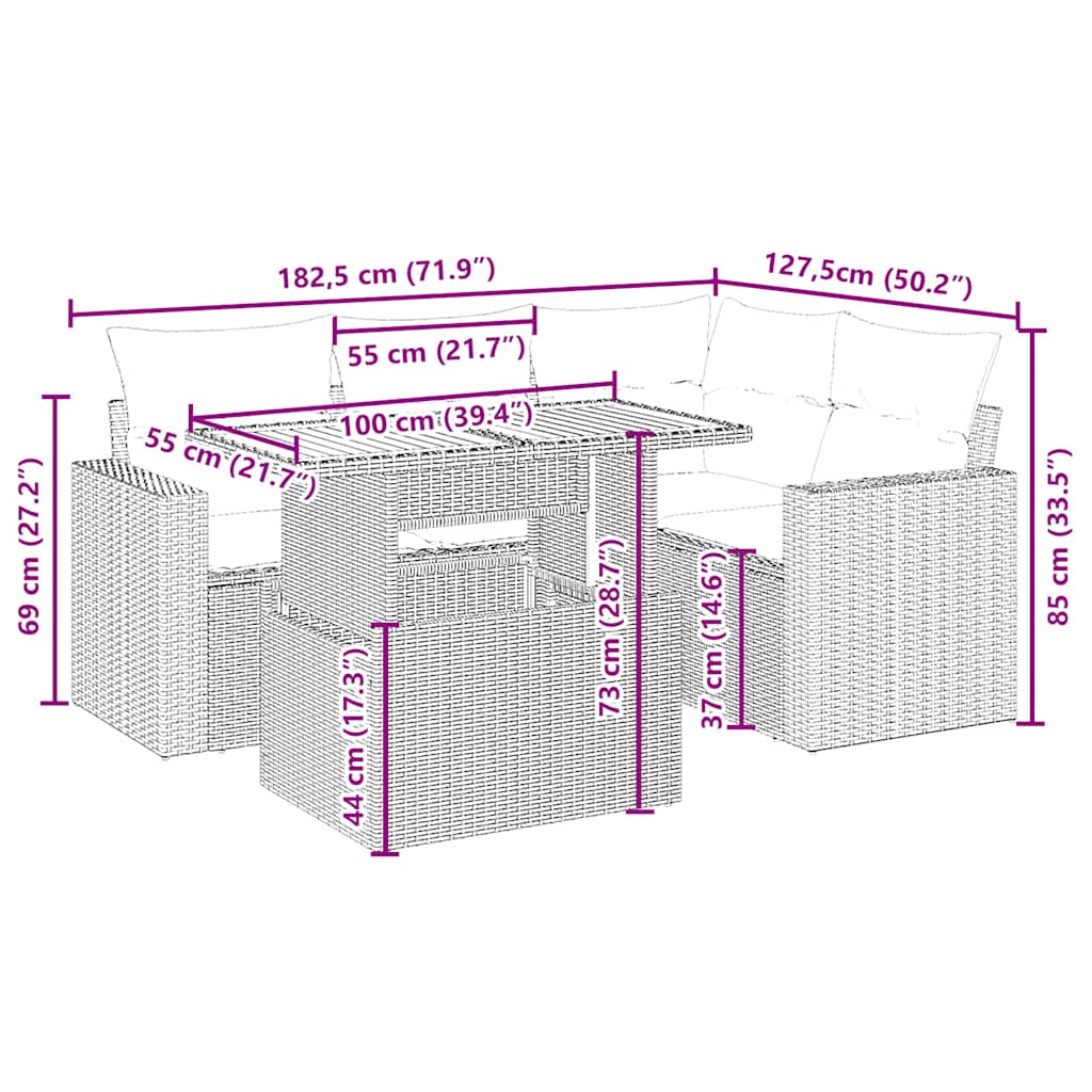 sofasæt til haven 5 dele med hynder polyrattan beige