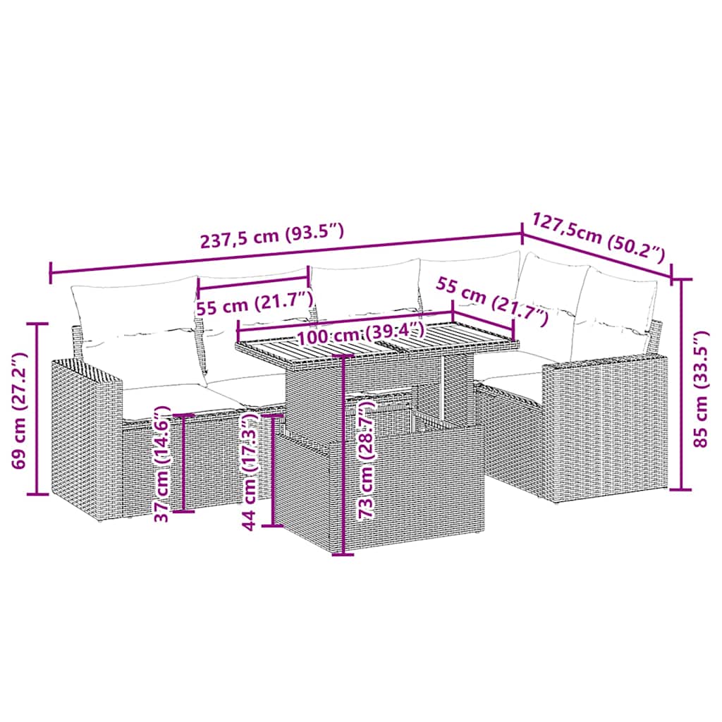 sofasæt til haven 6 dele med hynder polyrattan beige