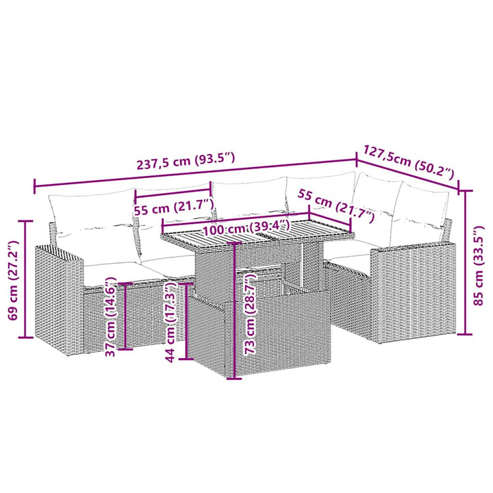 sofasæt til haven 6 dele med hynder polyrattan beige