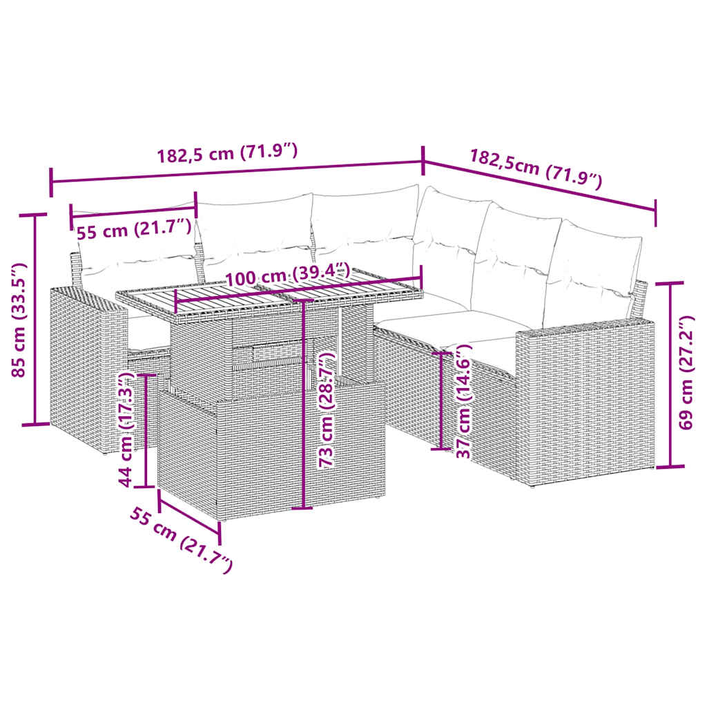 sofasæt til haven 6 dele med hynder polyrattan beige