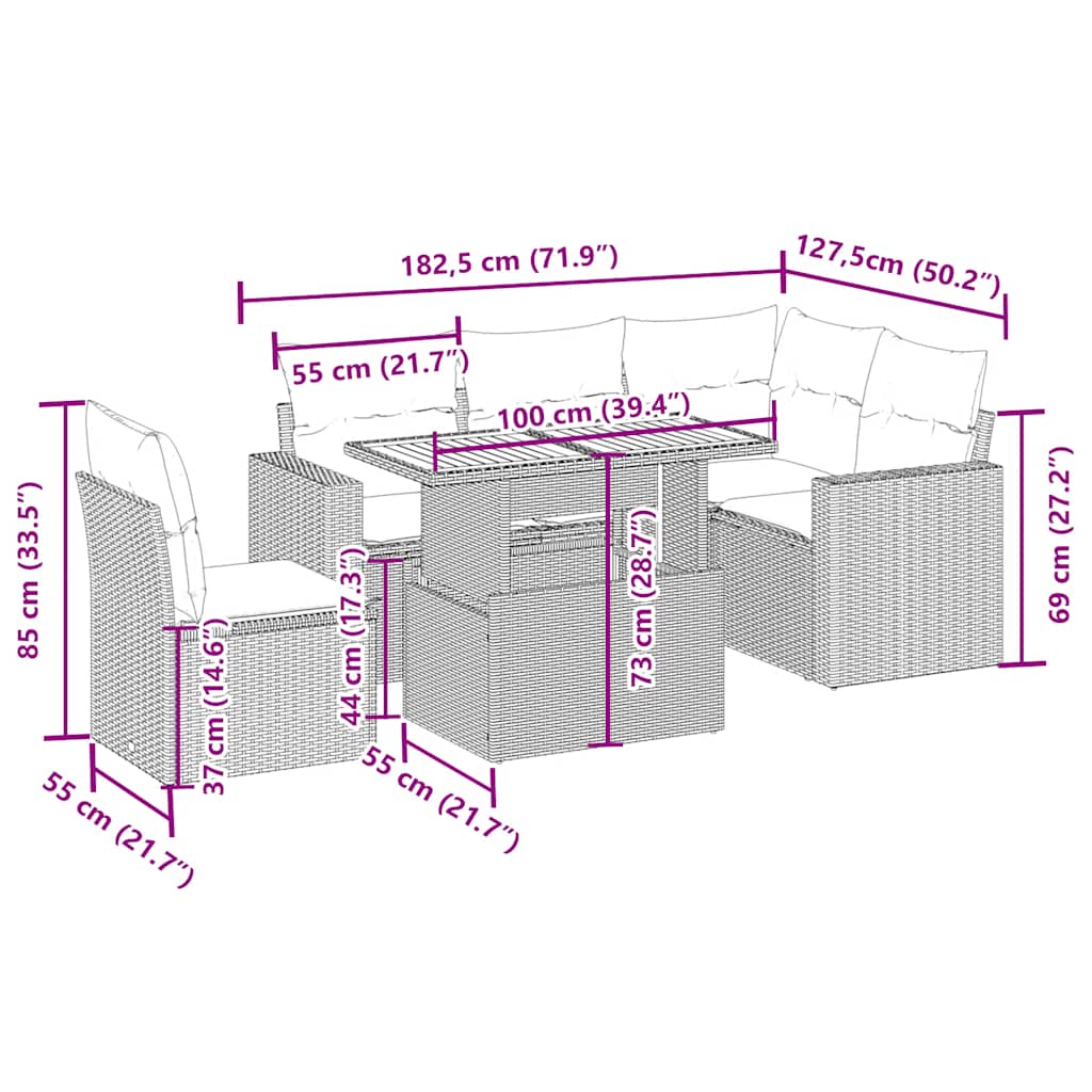 sofasæt til haven 6 dele med hynder polyrattan beige