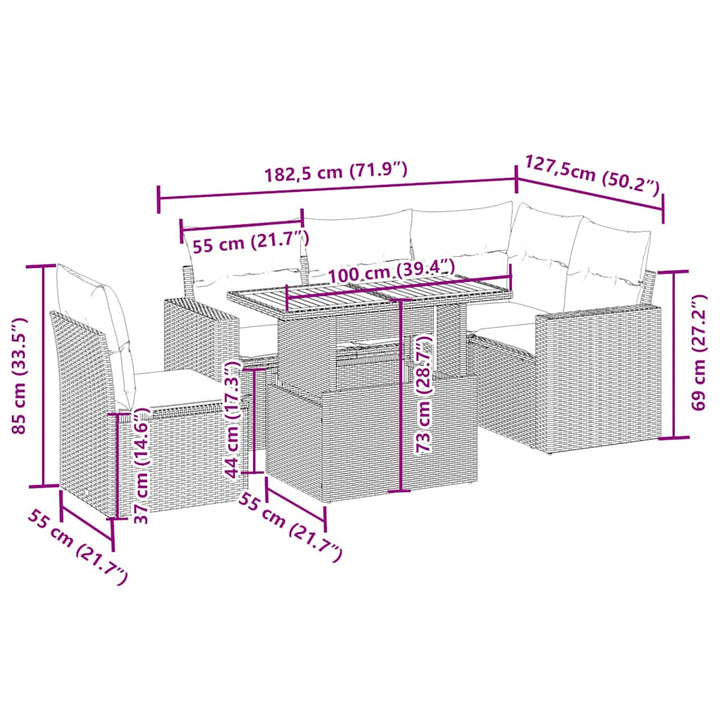 sofasæt til haven 6 dele med hynder polyrattan beige