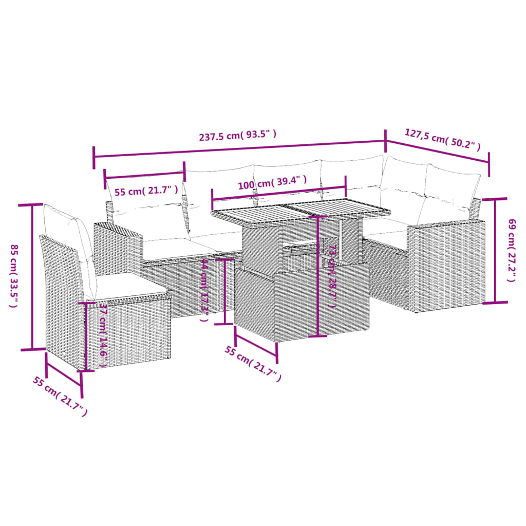 sofasæt til haven 7 dele med hynder polyrattan beige