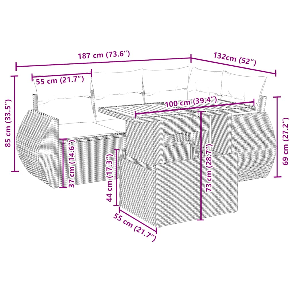 sofasæt til haven 5 dele med hynder polyrattan beige