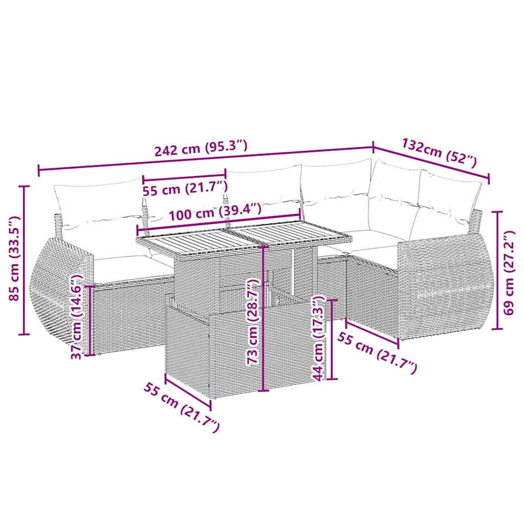 sofasæt til haven 6 dele med hynder polyrattan beige
