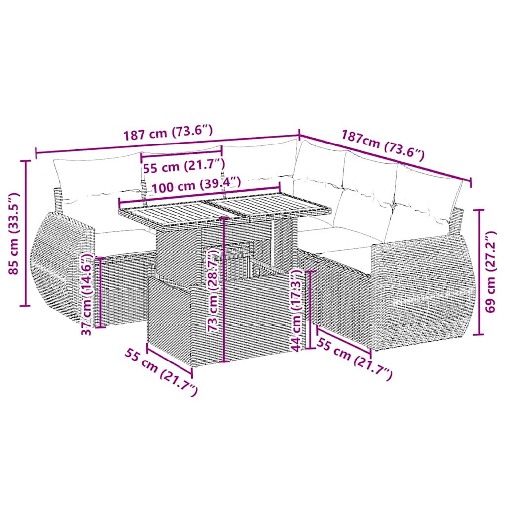 sofasæt til haven 6 dele med hynder polyrattan beige