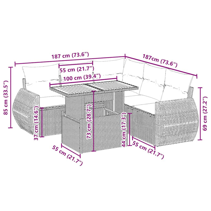 sofasæt til haven 6 dele med hynder polyrattan beige