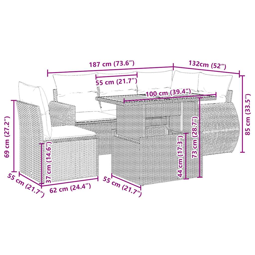 sofasæt til haven 6 dele med hynder polyrattan beige