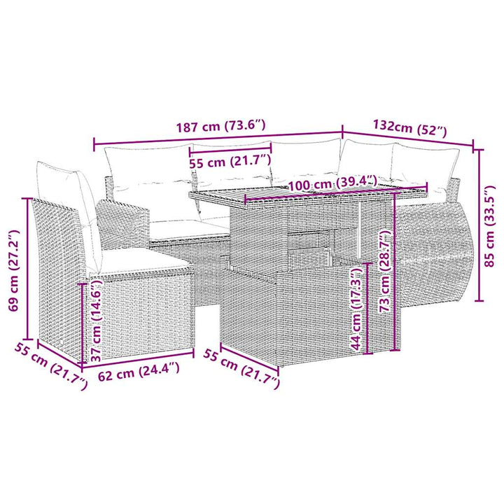 sofasæt til haven 6 dele med hynder polyrattan beige