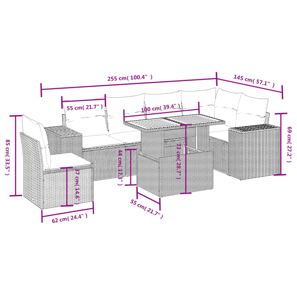 sofasæt til haven 7 dele med hynder polyrattan beige
