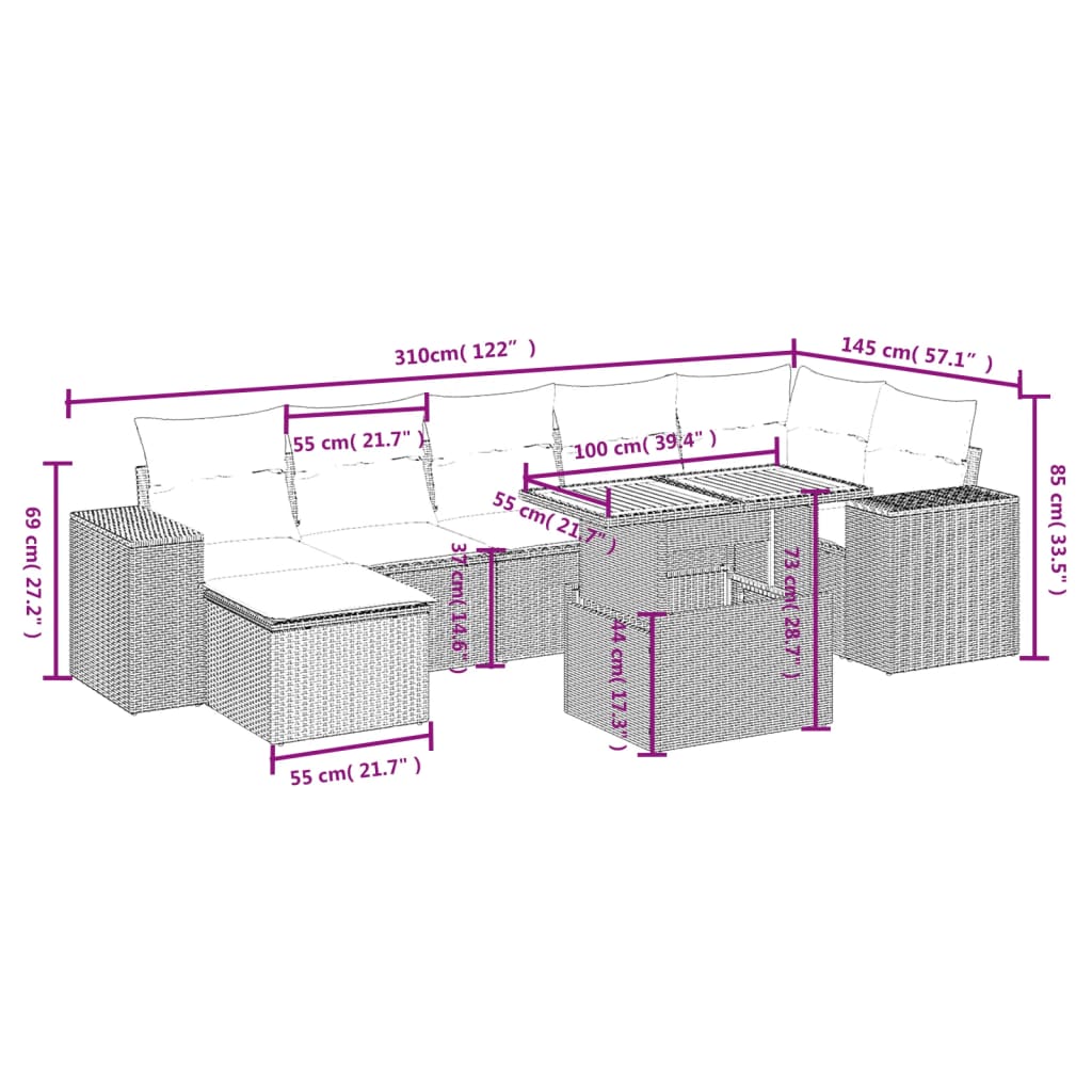 sofasæt til haven 8 dele med hynder polyrattan beige