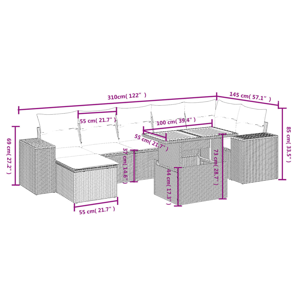 sofasæt til haven 8 dele med hynder polyrattan beige