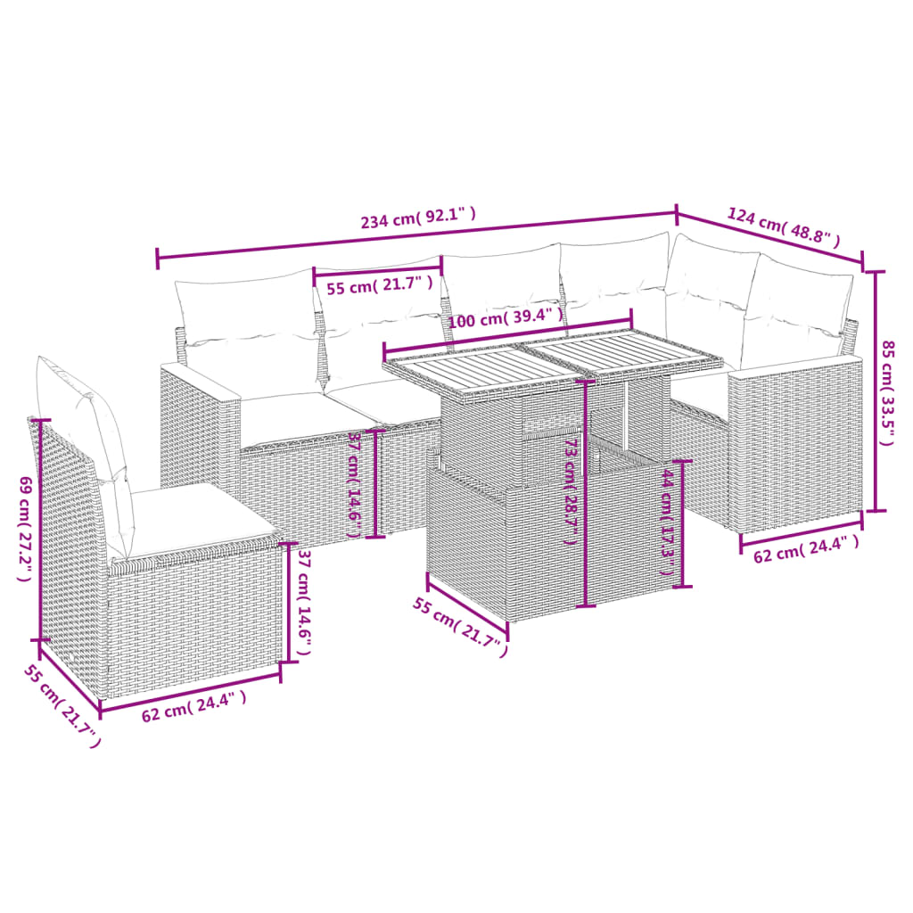 sofasæt til haven 7 dele med hynder polyrattan beige