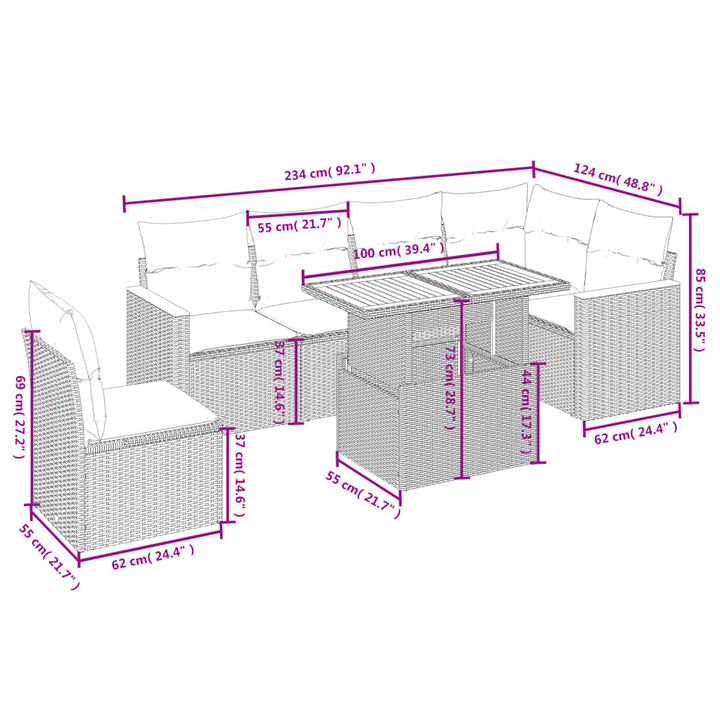 sofasæt til haven 7 dele med hynder polyrattan beige