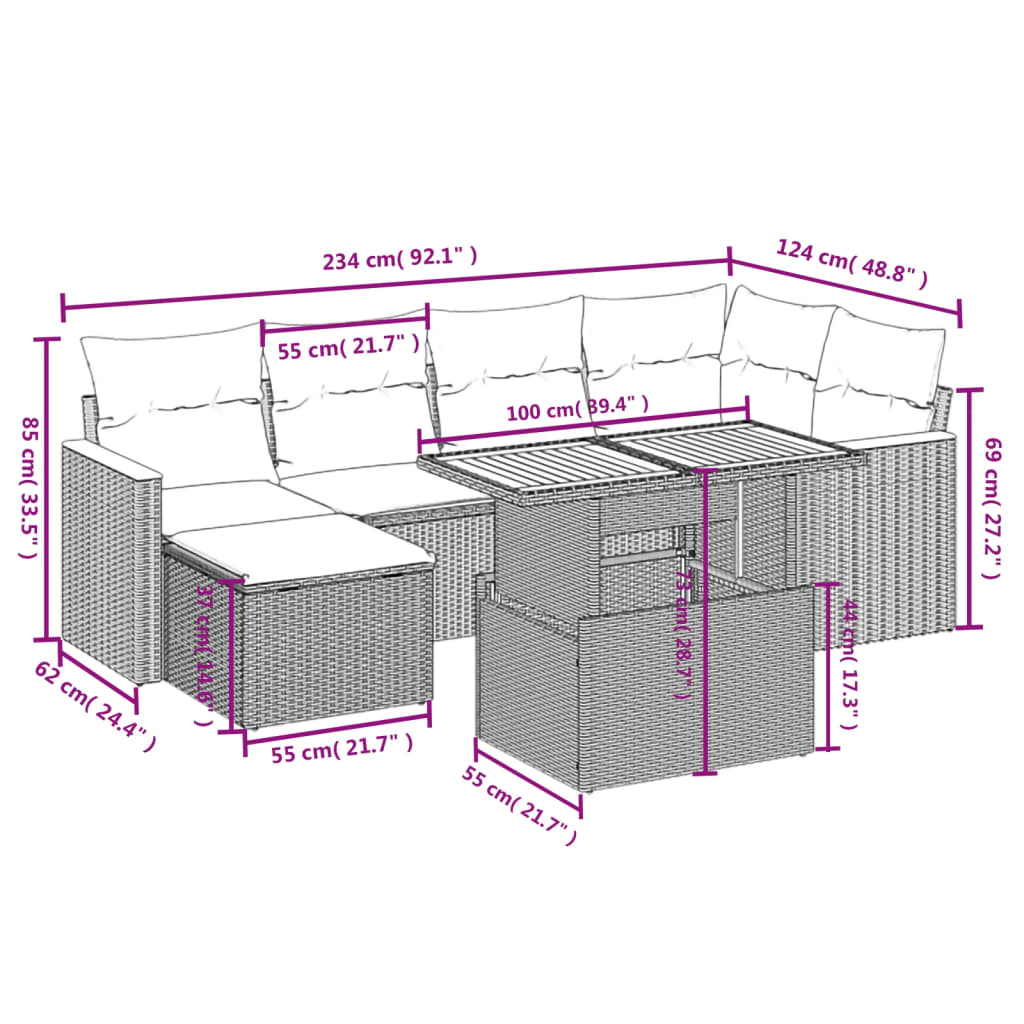 sofasæt til haven 7 dele med hynder polyrattan beige