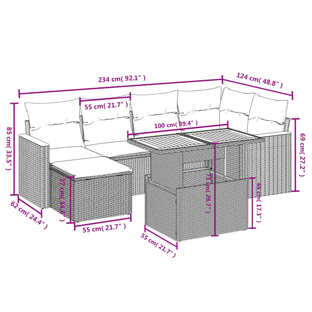 sofasæt til haven 7 dele med hynder polyrattan beige