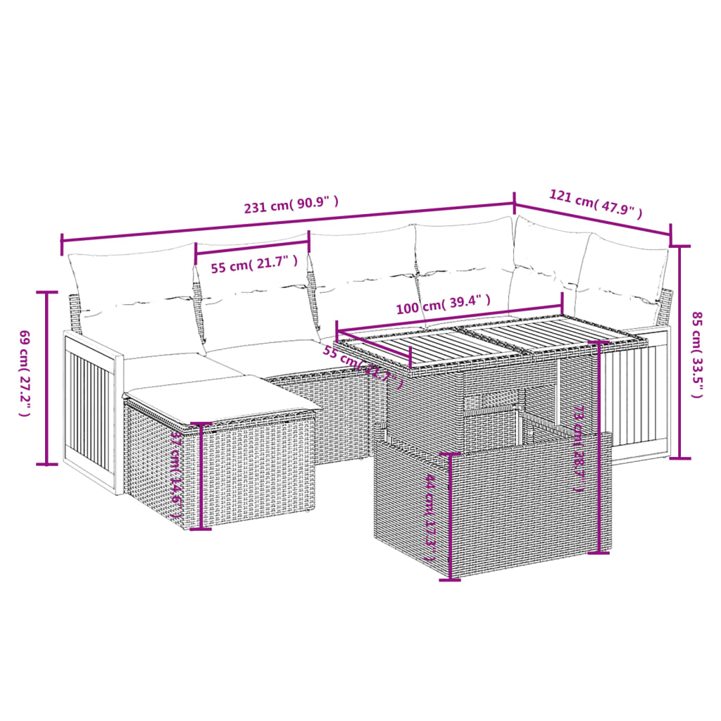 sofasæt til haven 7 dele med hynder polyrattan sort