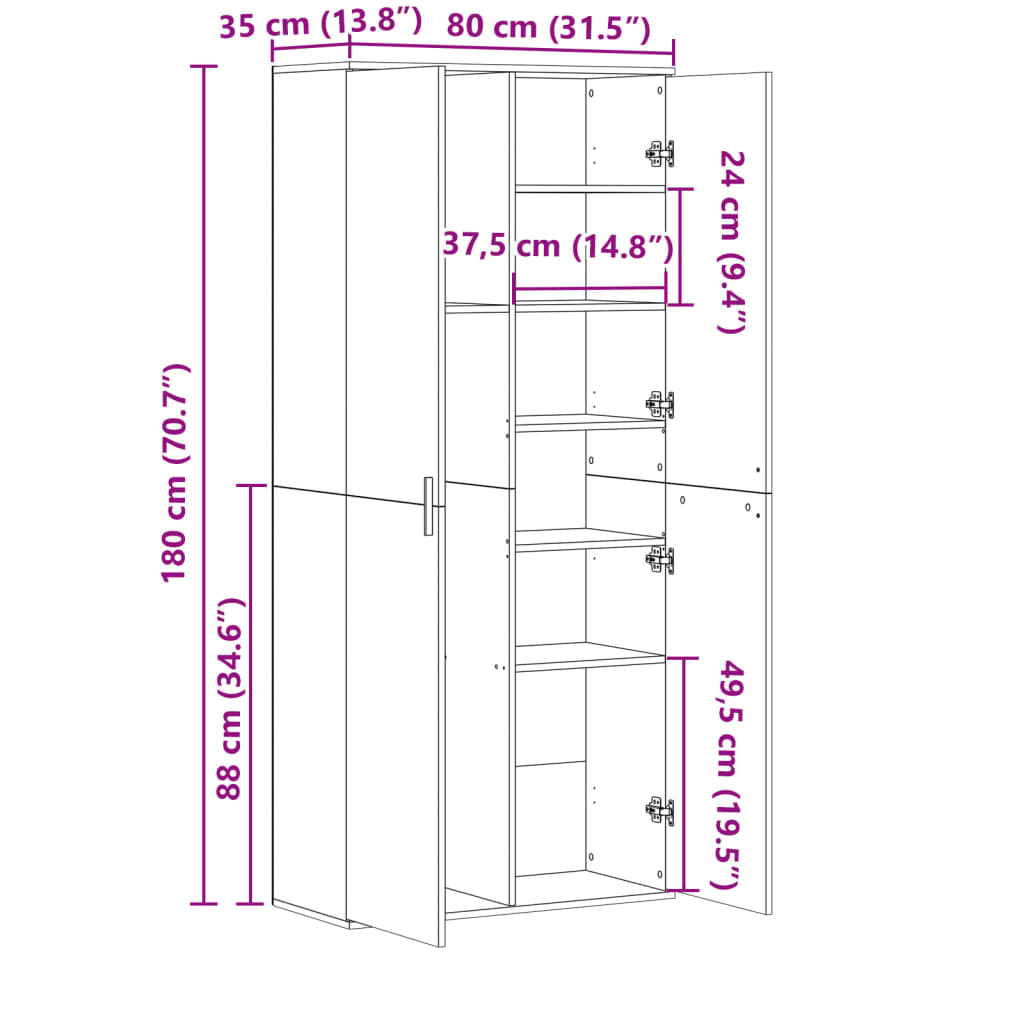 højskab 80x35x180 cm konstrueret træ røget egetræsfarve