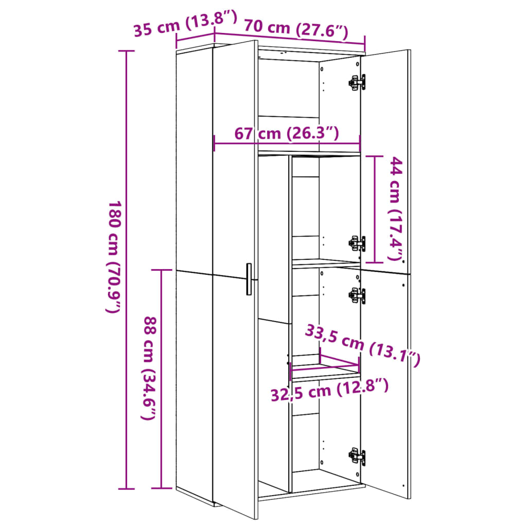 højskab 70x35x180 cm konstrueret træ hvid
